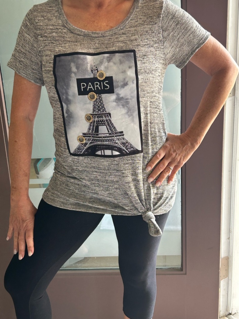 Pinkberry Paris Eiffel Graphic Knot-Hem Short Sleeve Tee - Grey w embroidery.